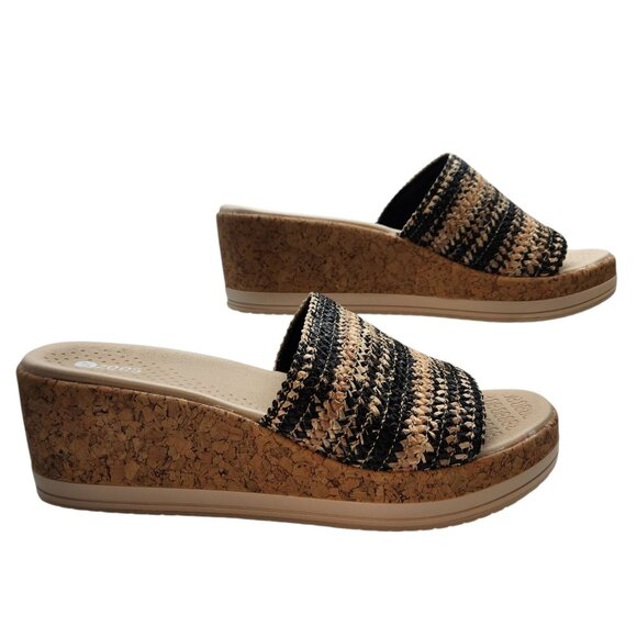 BZees Women's 8.5W Runaway Raffia Sandal Black Multi Cork Wedge Slides NIB - Picture 2 of 7